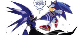 Neo Metal Sonic holding Sonic.