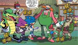 The Chaotix, Sonic, Mr. Tinker, and the villagers enjoying a laugh.