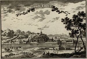 Gravat d'Adam Pérelle (1668) amb una vista general de Tortosa des de l'oest.
