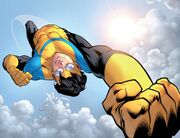 Mark reverts back to his yellow, blue, and black costume, only changing the gloves and boots.