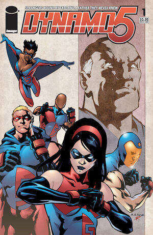 Cover of Dynamo 5 #1, showing the team with their father, the late Captain Dynamo in the upper right. Art by Mahmud A. Asrar and Ron Riley.