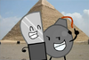 Knife holds Bomb close in front of a pyramid, obviously enjoying his time out of Idiotic Island.