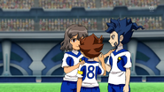 Shindou, Tsurugi and Tenma celebrating their goal.