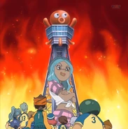 Rica intimidating Raimon with Tsuutenkaku Shoot.