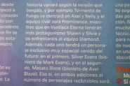 Parte del avance en el que se menciona ya a Canon Evans como el bisnieto de Mark y a Syon Blaze, aún desconociendo su nombre Europeo
