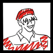 A drawing of a boy with a hat pulled down on his head so far his orange hair is in his eyes. He’s smiling and wearing a red and white striped rugby shirt.