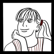 A drawing of a woman with a ponytail leaning on her hand. She has a red stripy top on.
