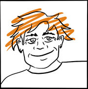 A drawing of a smiling boy with orange hair and piercings.