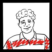 A drawing of a man wearing a red and white striped rugby shirt. He is smiling and has short Afro hair.