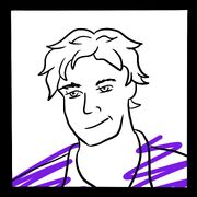 A drawing of a smirking boy with black hair and a purple top.