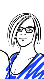 A drawing of a woman with a black bob, glasses and a blue top.