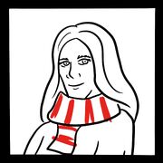 A drawing of a girl with long hair and a red stripy scarf.