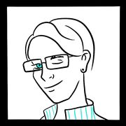A drawing of a woman with short hair and glasses, winking. She has turquoise eyes and striped top on.