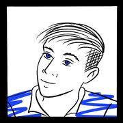 A drawing of a boy with black hair and a stripy blue top