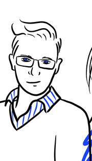 A drawing of a man with short black hair, glasses and a blue jumper.