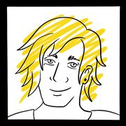 A drawing of a boy with messy yellow hair
