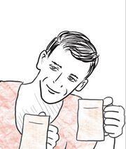 A drawing of a man with short hair, wearing a dark red top, holding a pint of beer.