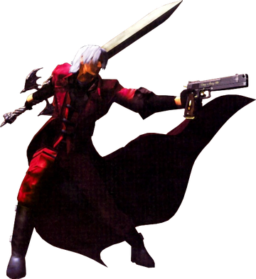Dante, a warrior from devil may cry 5, striking a pose in front of a  crimson background