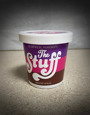 A tub of yogurt with printed text: "The Stuff"