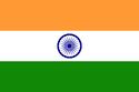 Horizontal tricolour flag bearing, from top to bottom, deep saffron, white, and green horizontal bands. In the centre of the white band is a navy-blue wheel with 24 spokes.