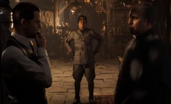 Voss prepares to intimidate Ventura under Mussolini's observation.