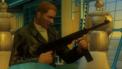 Völler with a machine gun in the PSP version.