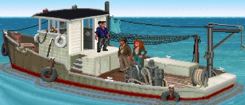 Indy and Sophia talk with an unnamed boat captain in the Fate of Atlantis game.