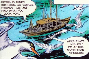 Indy, Sophia and Niklos talk on the deck of his diving boat in the Fate of Atlantis comic.
