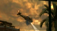 A helicopter by one of Cole's rockets in Infamous 2.