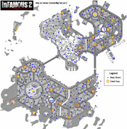 inFamous 2 map (Blast Shards are blue, Dead Drops are orange)