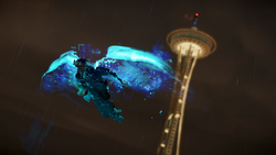 Delsin używa skrzydlatego skoku na tle Space Needle (inFamous Second Son)