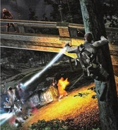 Cole attacking some Reapers whilst hanging on a tree.