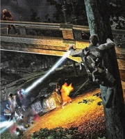 Cole atacando a algunos segadores mientras está colgado de un árbol.