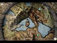 From left clockwise inwards: the Pinnacle Monastary, Saranthia, the Ark, the Metus Observatory, the Pit (Arena), the Nafusaan Mountains (without point on map), the Seccian Desert, the Broken Tower (smaller island), the Crevasse (the Collector; shield), Larioth, the Plains of Koroth, the Temple of Lantimore/the Dark Citadel, and Drem's Maw