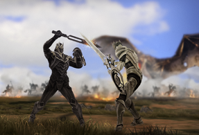 This image visualizes the God King slaying Ausar on the Plains of Koroth - a historical duel between two powerful Deathless. Created by Infinity Blade Studios using Infinity Blade Resources assets.