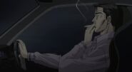 Takumi imaginándose a su padre manejando el Impreza durante su carrera contra Toshiya Joshima en el Acto 23.