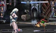 The ice daggers are still flying towards her opponent despite they have already been knocked down by the dash.