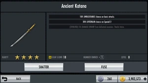 The unevolved Ancient Katana Stats.