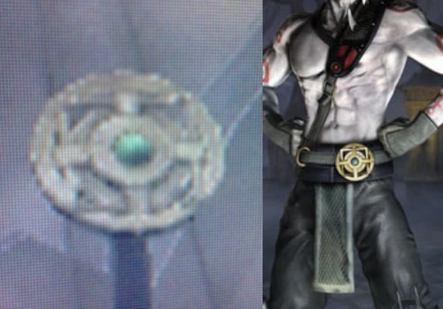 Quan Chi's amulet in the museum on the left
