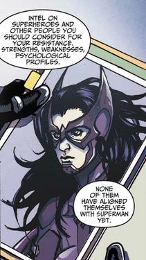 The file of Huntress being viewed by Batman marking her first appearance.