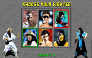 Pantalla de selección de personajes original, de la versión de prueba de Mortal Kombat en 1991. Posterior a las pruebas se procedió a incluir a Sonya Blade.