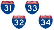 Interstate shields of I-31, I-32, I-33 and I-34.