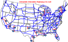 Map of the United States showing Intrastate Interstate Highways with interstate shields and lines highlighted in red.