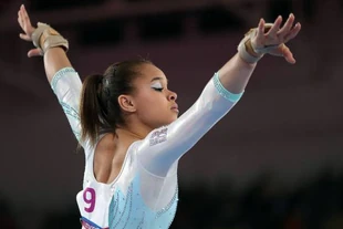 Fidelis in the floor exercise final at the 2019 Pan American Games