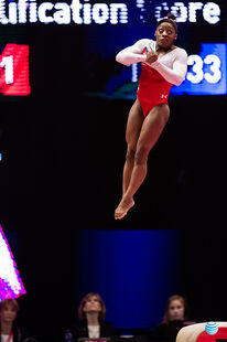 Biles in the vault final at the 2015 World Championships