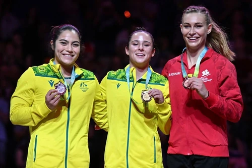 Balance Beam Medalists (from left): Georgia Godwin (AUS), Kate McDonald (AUS), Emma Spence (CAN)