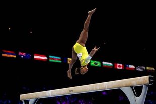 Andrade in the balance beam final at the 2023 World Championships