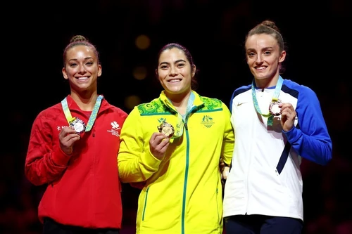 Vault Medalists (from left): Laurie Denommée (CAN), Georgia Godwin (AUS), Shannon Archer (SCO)