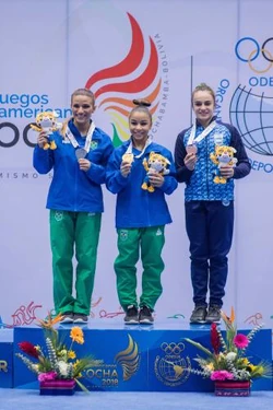 Balance Beam Medalists (from left): Jade Barbosa (BRA), Flavia Saraiva (BRA), Martina Dominici (ARG)