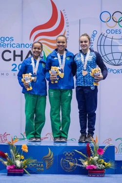 Floor Exercise Medalists (from left): Anna Julia Reis (BRA), Thais Fidelis (BRA), Martina Dominici (ARG)